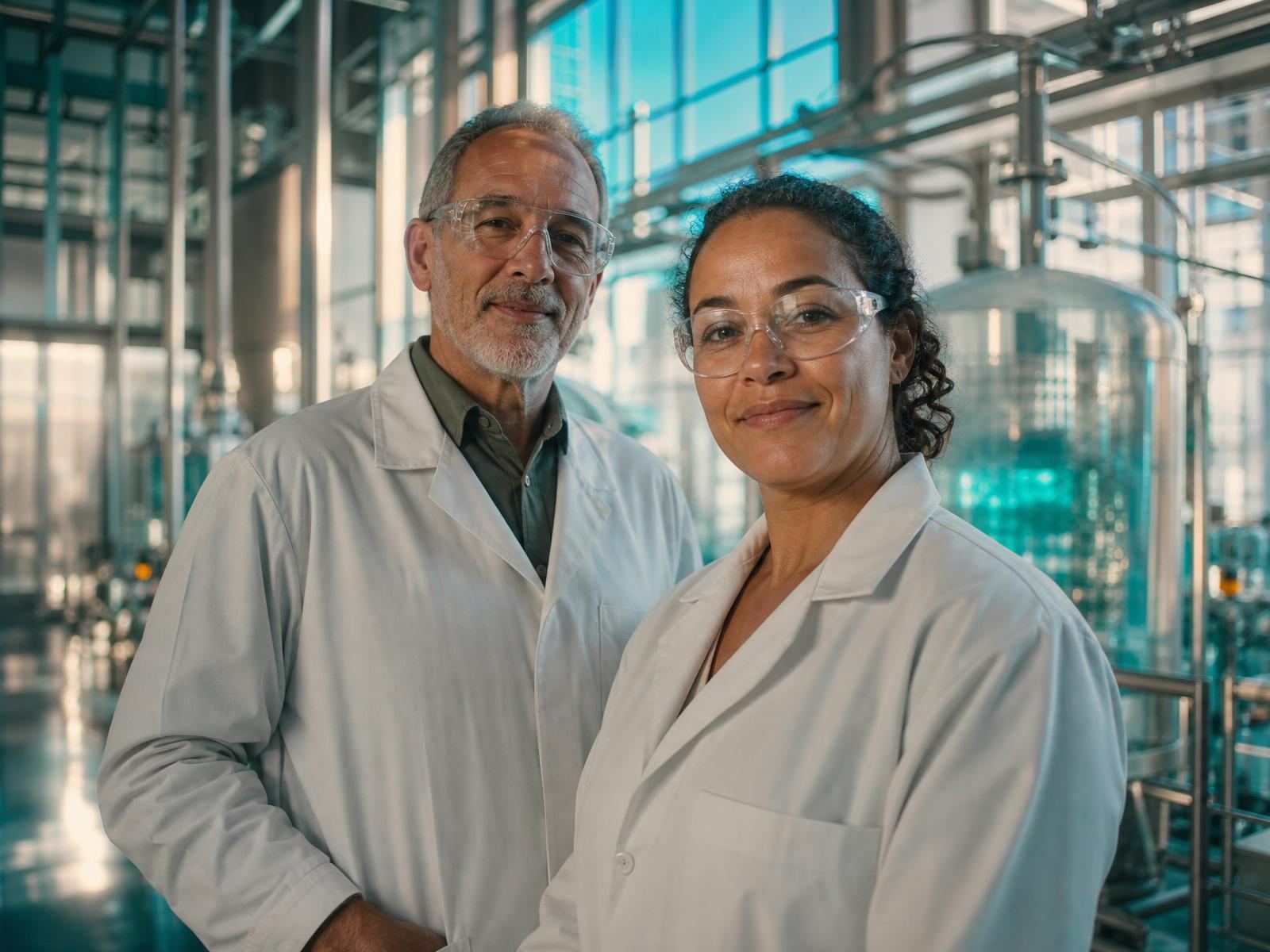 Zwei ICL-Mitarbeitende in weißen Kitteln in einer modernen Chemieanlage